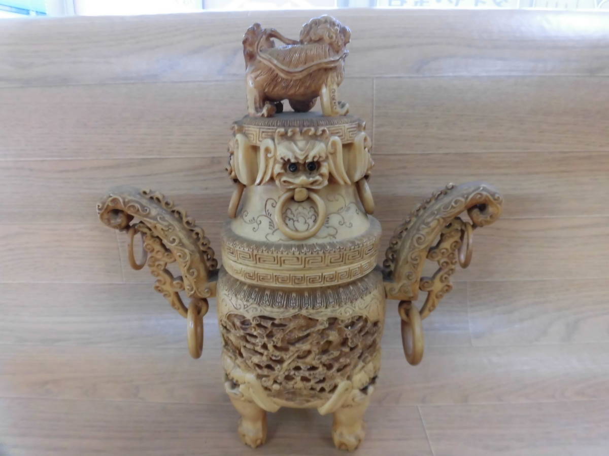 獅子彫刻の象牙風香炉 象牙香炉 象牙彫刻 希少 象牙風 香炉 千手観音
