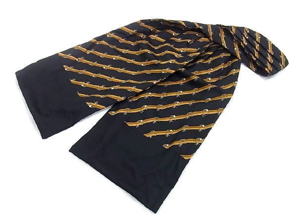 1円 ■極美品■ HERMES エルメス シルク100％ 総柄 ストライプ アスコットタイ スカーフ 紳士 メンズ ブラック系×マルチカラー T0518JN