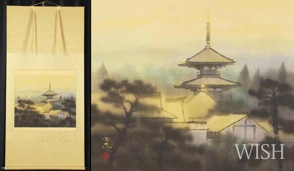真作】【WISH】佐藤隆良「法起寺」日本画 金落款 金泥仕様 掛軸 太巻