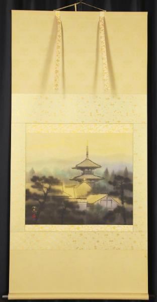 真作】【WISH】佐藤隆良「法起寺」日本画 金落款 金泥仕様 掛軸 太巻