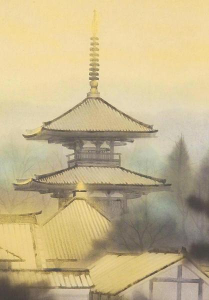 真作】【WISH】佐藤隆良「法起寺」日本画 金落款 金泥仕様 掛軸 太巻