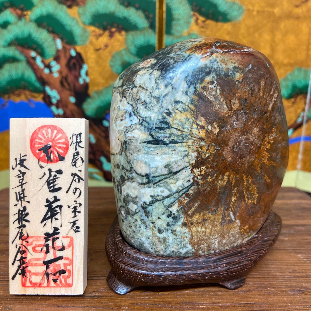 菊花石（台座付) 孔雀菊花石 723g ☆ 鑑賞石 菊花石 盆栽 添石 A3660 