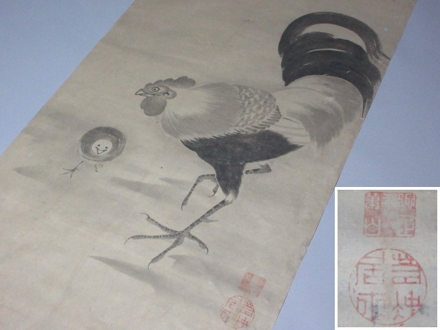 蓮華】伊藤若冲 鶏図 捲り 水墨画 肉筆 落款 墨絵 古画 屏風 掛軸 古 