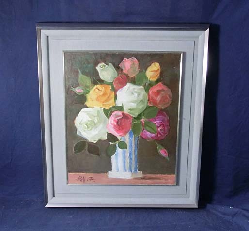 478721 油彩 藤井令太郎 作 仮題「薔薇」（F8）兜屋画廊のシール付・春陽会員・長野県出身・画家