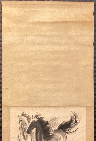 中国掛軸】徐悲鴻「雙馬図」紙本 水印版画 検)古玩 書法/墨蹟/書画
