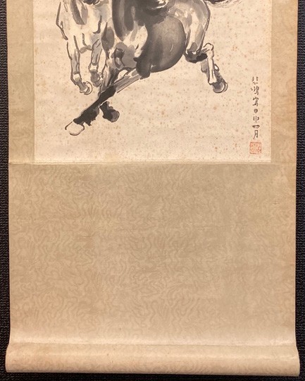 中国掛軸】徐悲鴻「雙馬図」紙本 水印版画 検)古玩 書法/墨蹟/書画