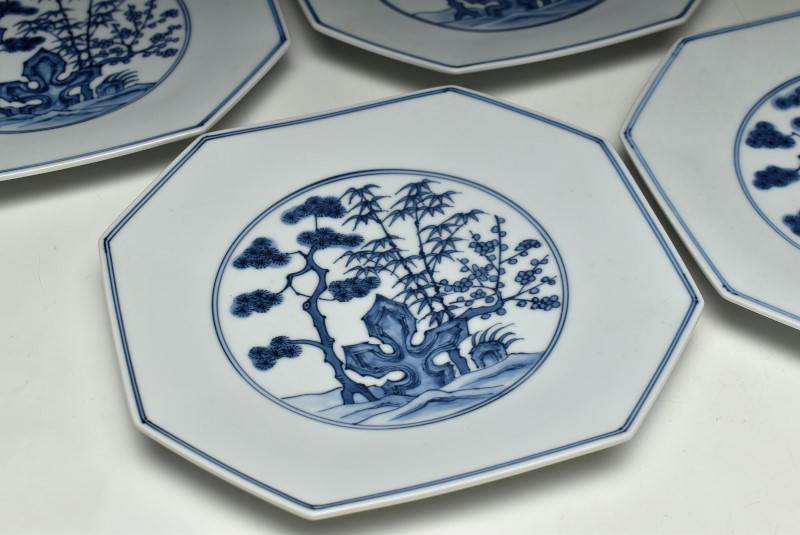 A1227-5⁄宮永東山 造⁄青華松竹梅文八角焼物皿5客⁄銘々皿⁄懐石道具