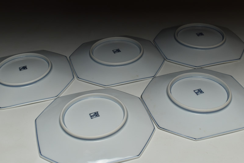 A1227-5⁄宮永東山 造⁄青華松竹梅文八角焼物皿5客⁄銘々皿⁄懐石道具