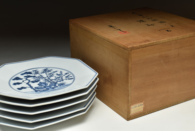 A1227-5⁄宮永東山 造⁄青華松竹梅文八角焼物皿5客⁄銘々皿⁄懐石道具