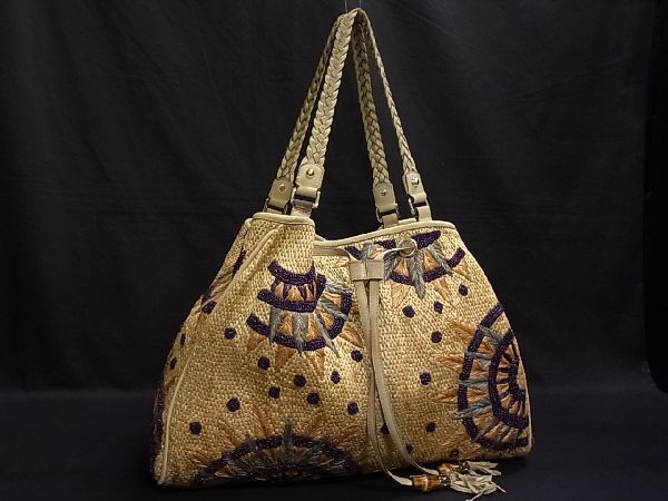 1円 GUCCI 171297 001998 バンブー ストロー×レザー タッセル 編み込み 