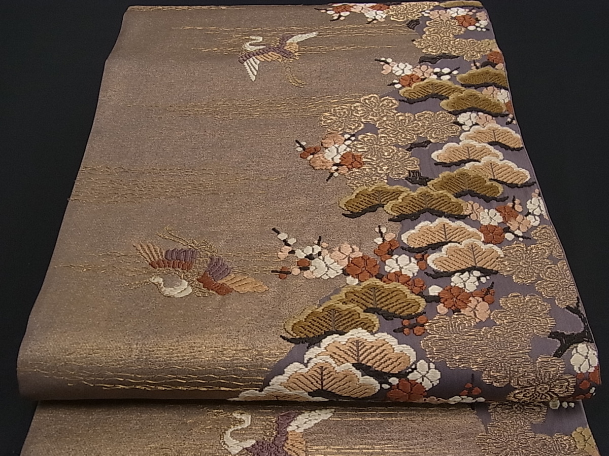 平和屋着物■銀座　志ま亀　六通柄袋帯　唐織　飛鶴梅松文　金糸　たとう紙付き　逸品　tx2671