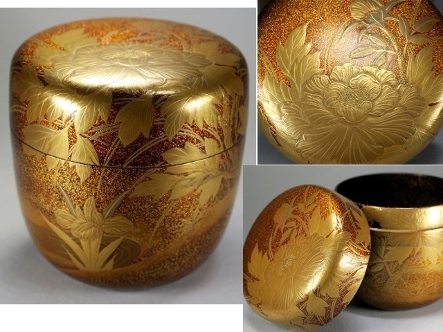 ☆】豪華 加賀蒔絵 総金梨地牡丹文大棗 本金細密蒔絵名作 茶道具 内