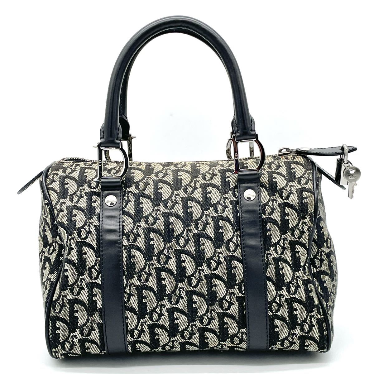 1円 美品 Christian Dior クリスチャンディオール トロッタ柄 トロッター ネイビー ミニボストン ハンドバッグ SV金具 