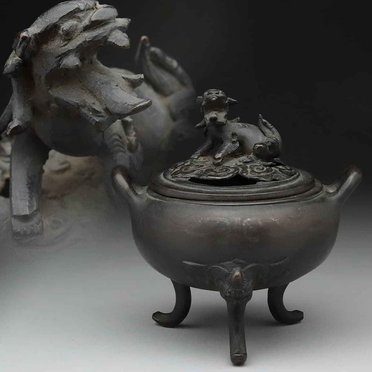 香炉 時代物 銅製 銀火舎 三つ足 獅子耳 旧家整理品 明〜 貨幣博物館