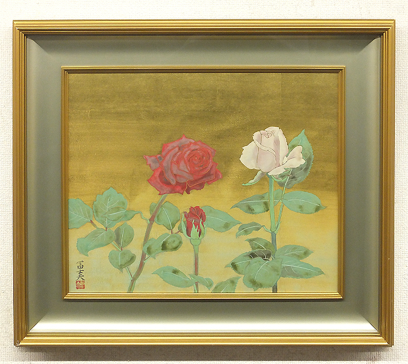 GLC】岩壁冨士夫 「長春花」 ◇JT旧蔵・日本画10号共シール 院展同人 