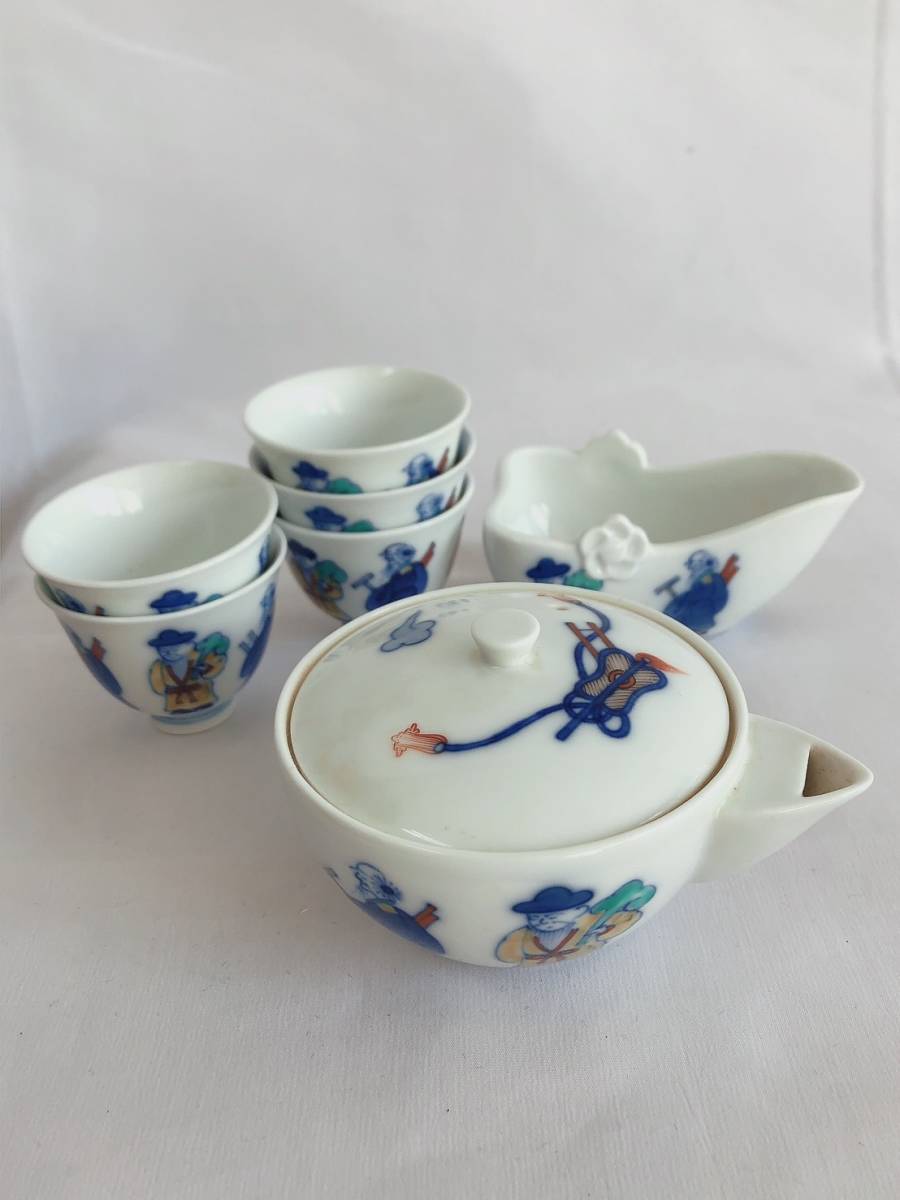 十三代酒井田柿右衛門 作 染錦唐人物文 煎茶器 茶 急須 箱 食器 工芸品