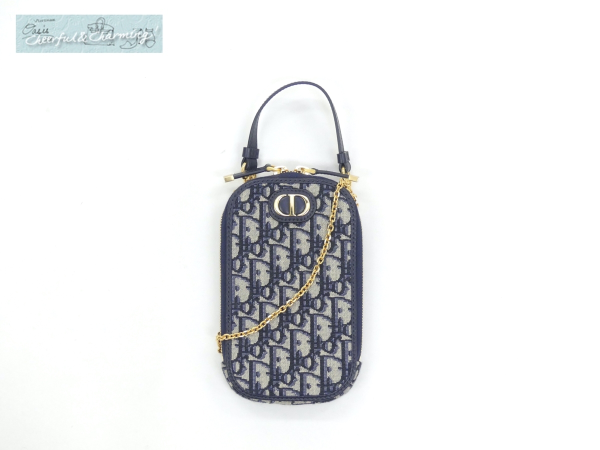美品 Dior 30Montaigneフォンホルダー ブルー ディオールオブリーク 