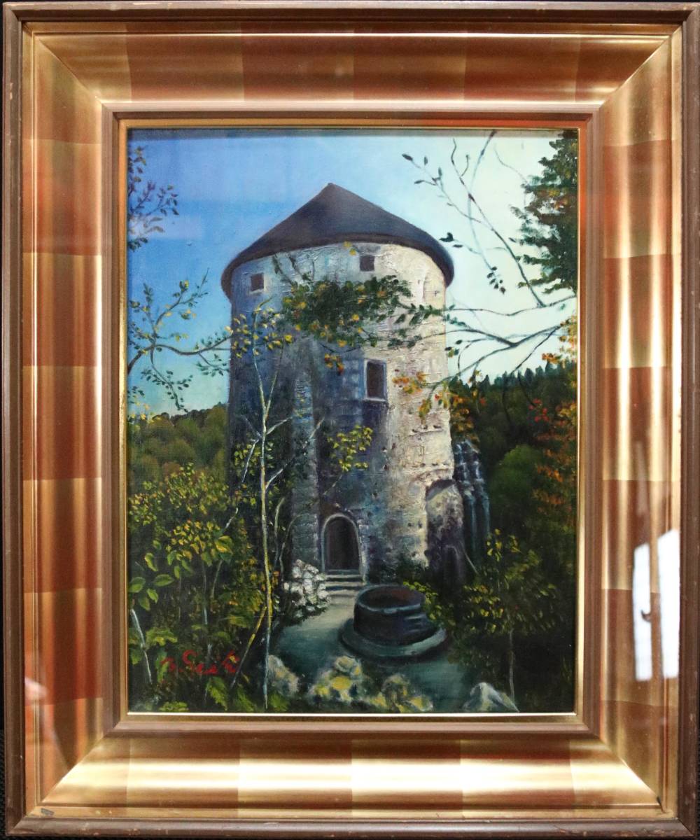 佐伯祐三 油彩画 肉筆 佐伯米子鑑定シール 画題 「巴里郊外」 F6号