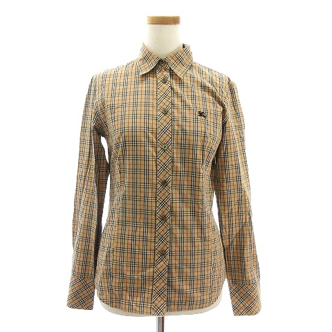 バーバリーブルーレーベル ブラウス BLUE ブルー (バーバリー ラクマ バーバリーズブルーレーベル シャツ ブラウス 長袖 ノバチェック 刺繍 ワンポイント ロゴ コットン ベージュ系 38 ECR レディース