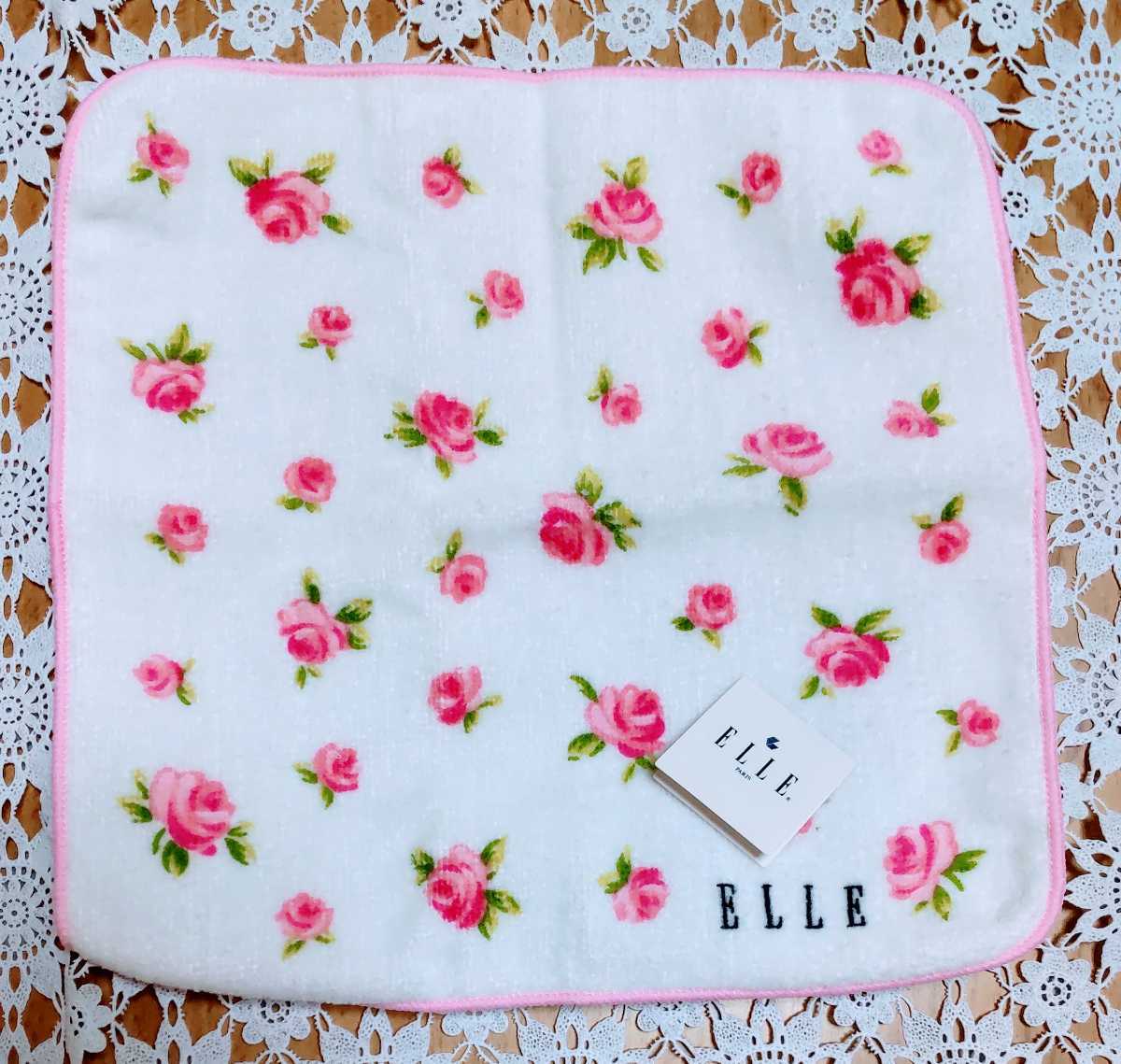 即決 新品 タグ付き ELLE エル ピンク 花柄 ミニ ハンドタオル 