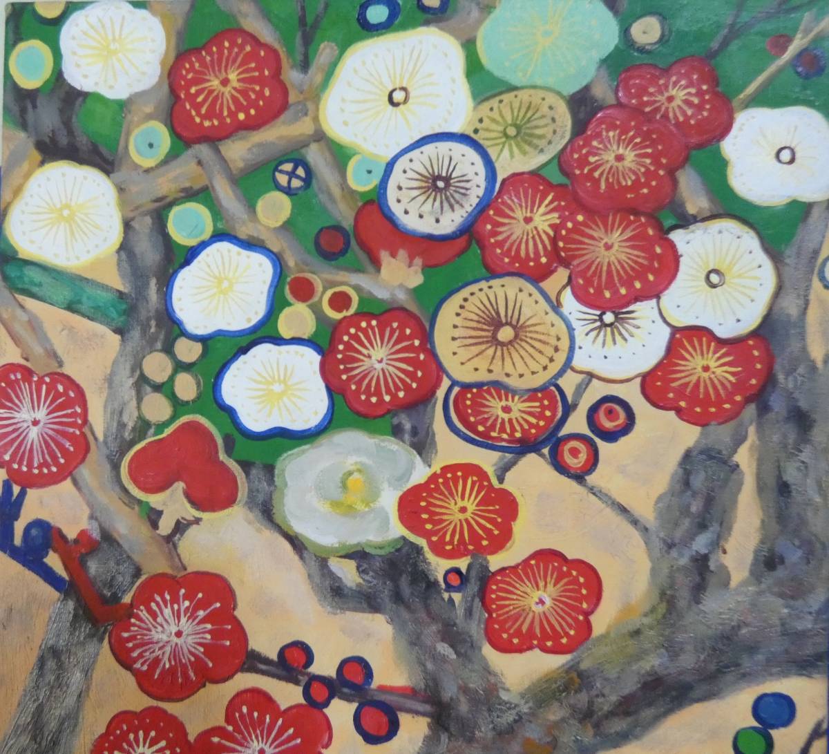 静物 手描き作品 有名な作家 片岡球子 『赤い梅』 額装品、キャンバス