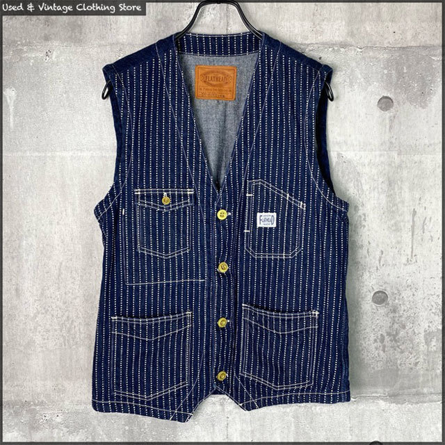 即決★THE FLATHEAD DV-04WR★メンズ40R ウォバッシュ デニムベスト フラットヘッド 日本製 ストライプ 革パッチ 12ozデニム アメカジ