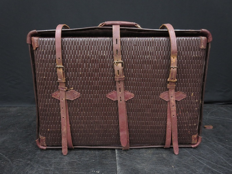 古い 柳行李 トランク 留め革バンド3本付 / 行李鞄 戦前 大正 旅行鞄