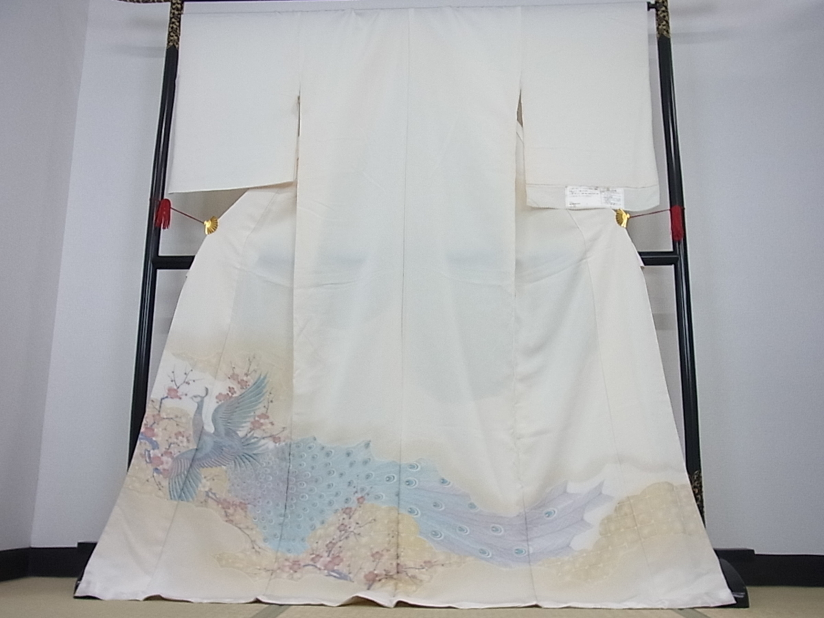 着物屋こころ□色留訪問着 寿光織 孔雀紅白梅 金糸 仮絵