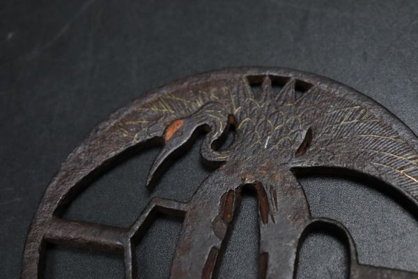 時代武具 刀装具 鉄地 鶴亀透かし丸形鍔 鉄鍔 TT075(鍔、