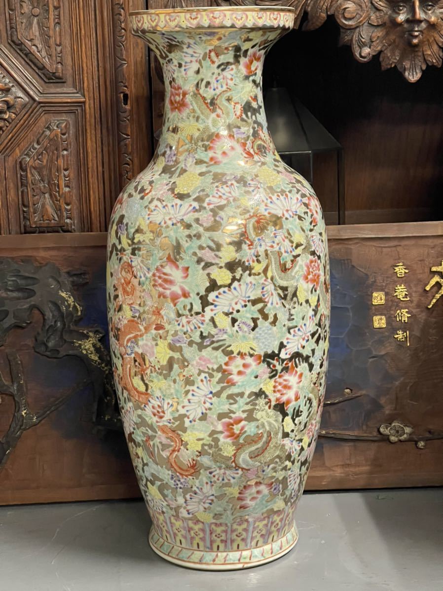人気定番 中国 民国時期☆百花絵大瓶☆高さ 63cm古美術 古玩