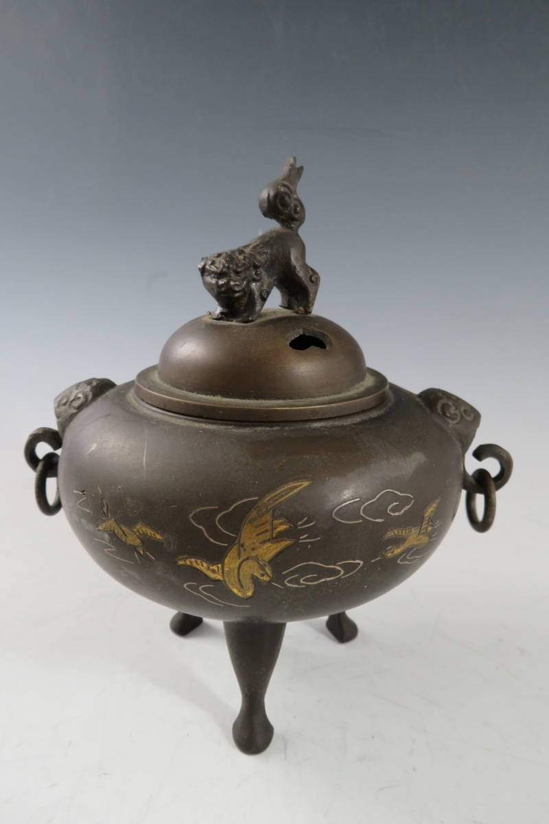 茶道具 鶴田 三彩獅子香炉 香合（こうごう） 金属工芸 【超希少☆当時