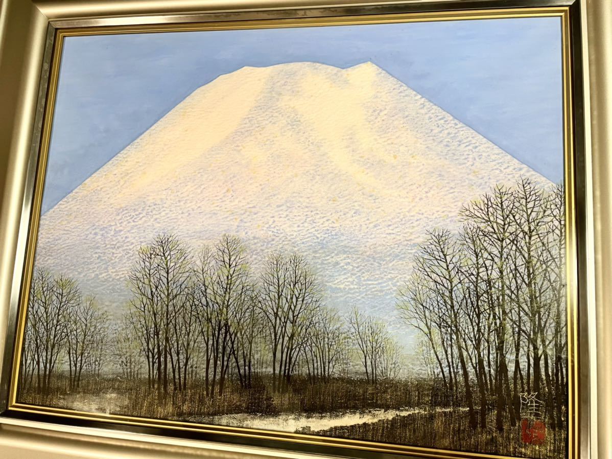 絵画　桝田隆一氏　雪林　額装付き 桝田隆一 早春富士 日本画 10号 額装 春 残雪 日本美術 岩絵具(自然