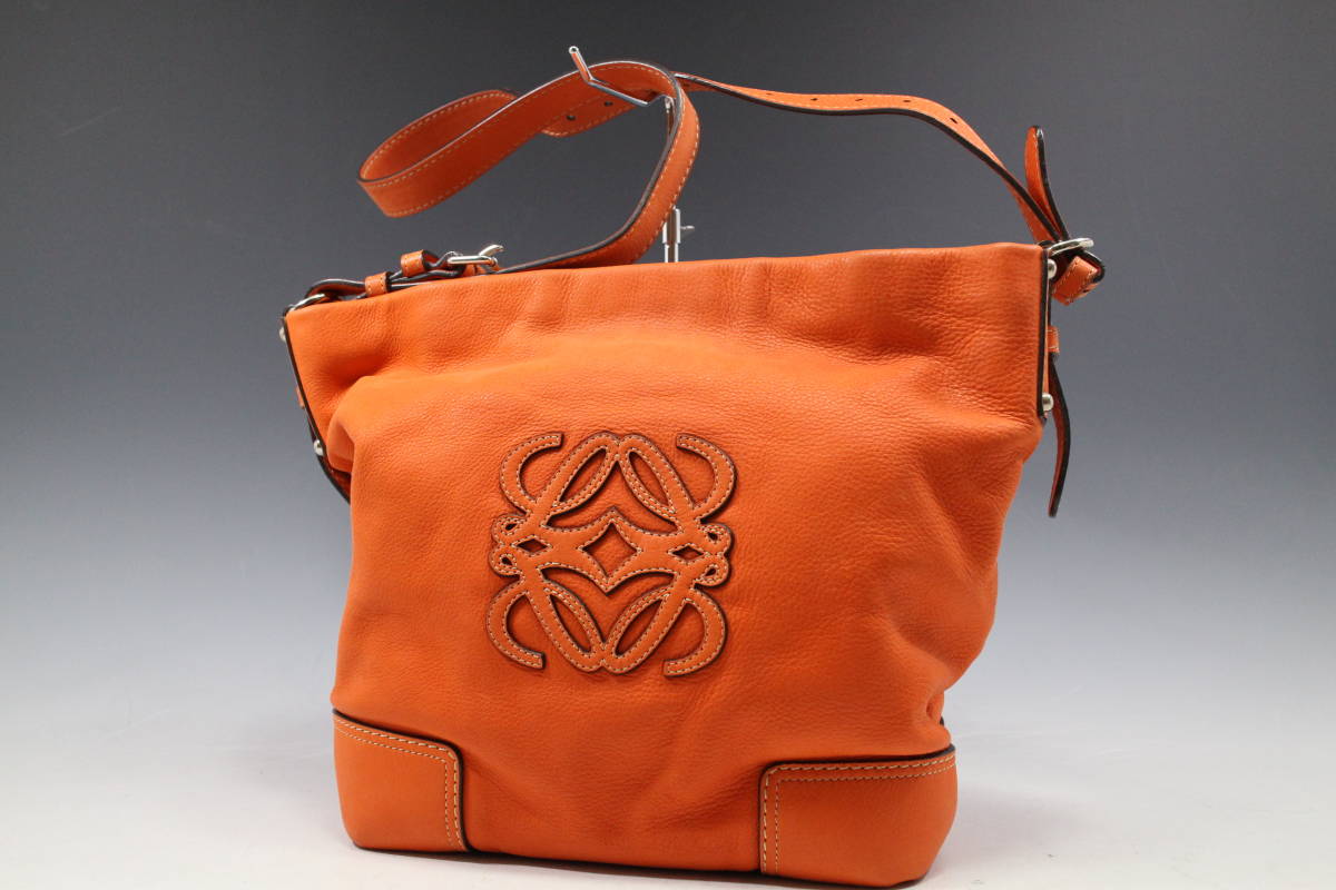 1円〜【ロエベ/LOEWE本物】ショルダーバッグ/レザー/オレンジ/斜めがけ