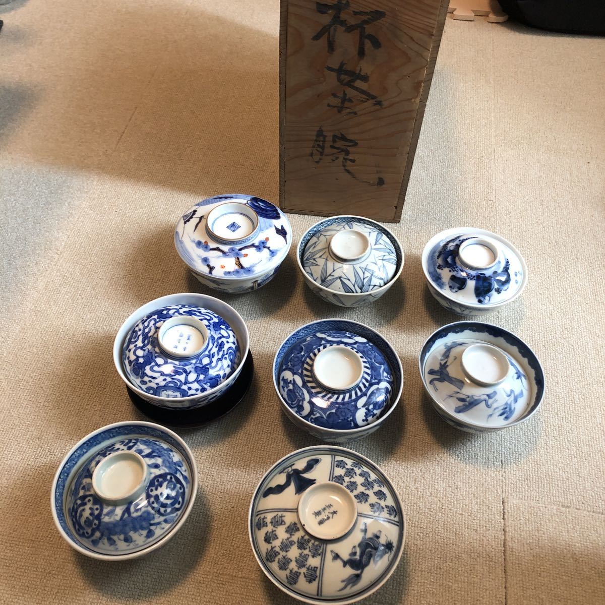 古伊万里 5客 蓋茶碗 染付 欠け無し 振りものシミあり 明治期