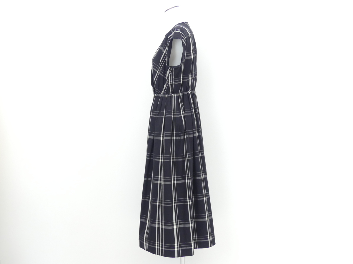 Drawer チェックギャザーワンピース 36 ブラック×ホワイト コットン  