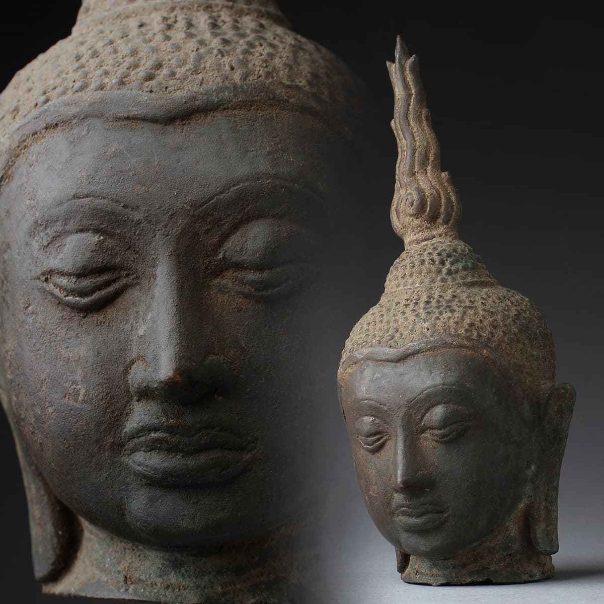 UR573 時代物 クメール美術 スコータイ様式 銅仏頭 高19.3cm 重507g