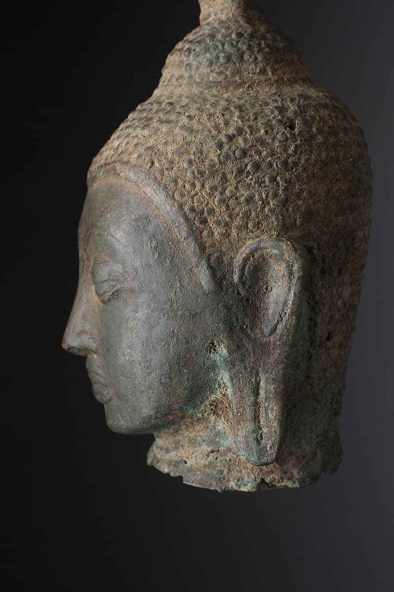 UR573 時代物 クメール美術 スコータイ様式 銅仏頭 高19.3cm 重507g