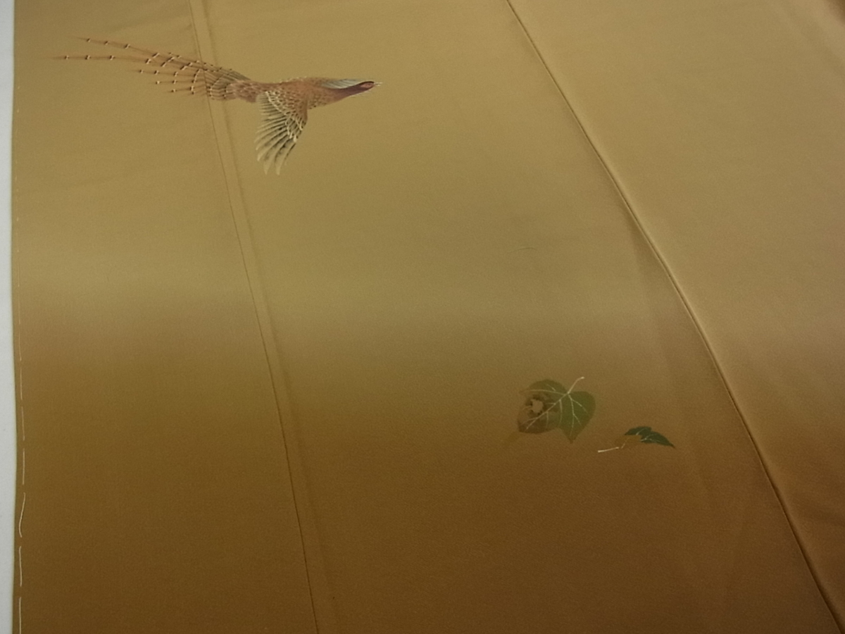 花美人着物□日本画家 水嶋征夫 訪問着 雉 葡萄蔦の葉 手描き 暈し染め