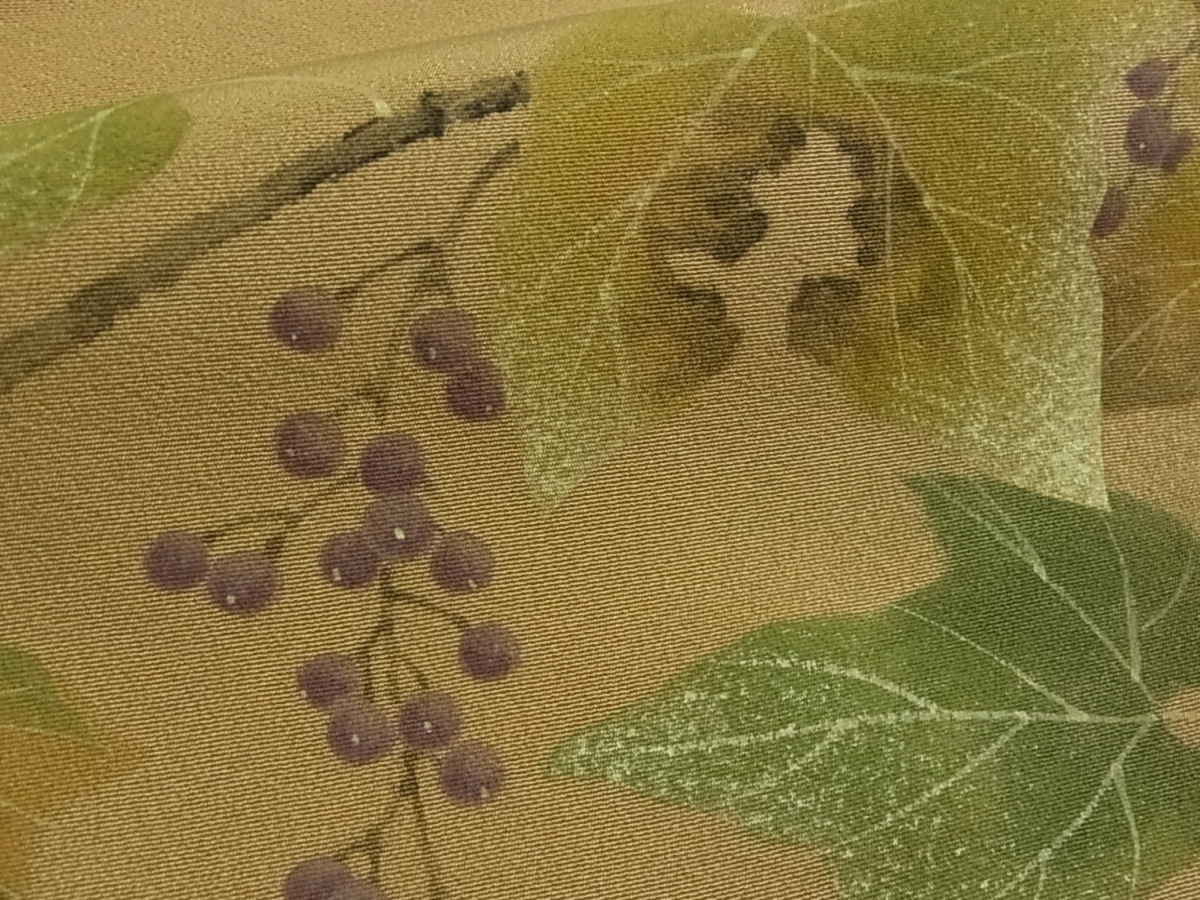 花美人着物□日本画家 水嶋征夫 訪問着 雉 葡萄蔦の葉 手描き 暈し染め