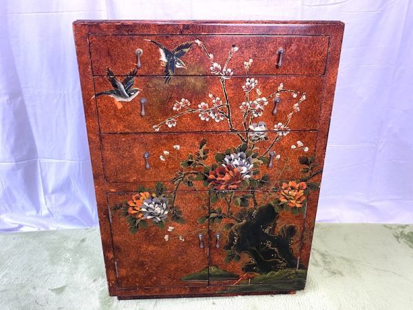 S439 手渡し可 アンティーク 家具 タンス/箪笥 美術家具 花鳥文様図 