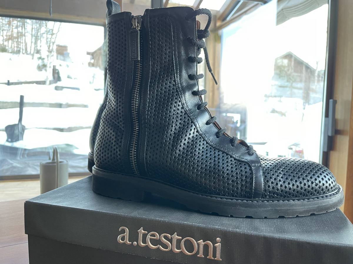 美品☆a.testoniアテストーニパンチングレザーブーツ黒SIZE8.5/27.5  