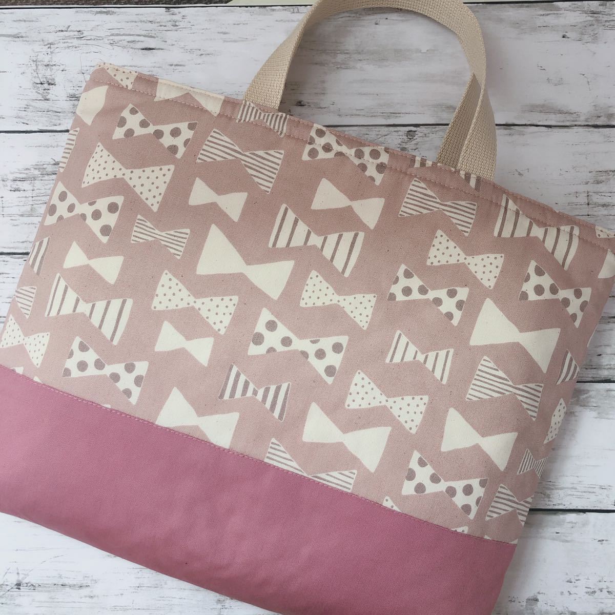 ♪ハンドメイド レッスンバッグ♪ナチュラルリボン×くすみピンク♪絵本