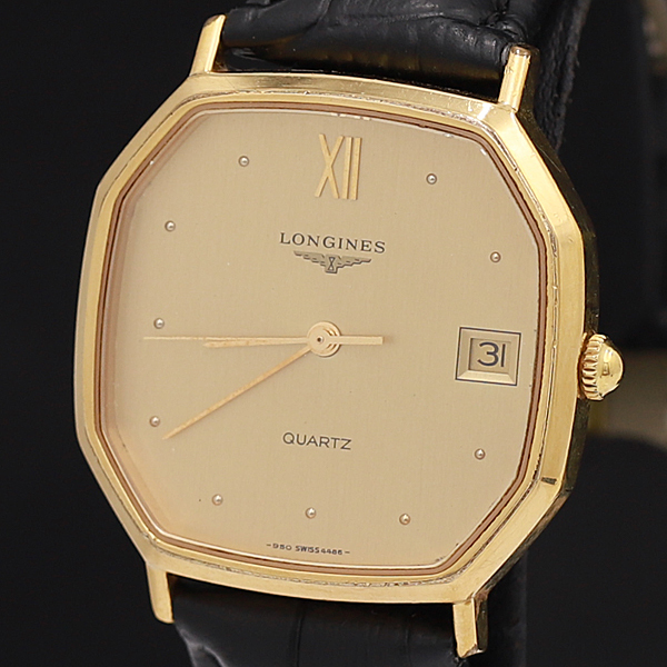 新品電池 ロンジン 腕時計 デイト ゴールド 薄型 90s ヴィンテージ 1円☆稼働◎良品【LONGINES/ロンジン】デイト ゴールド文字盤 八角形