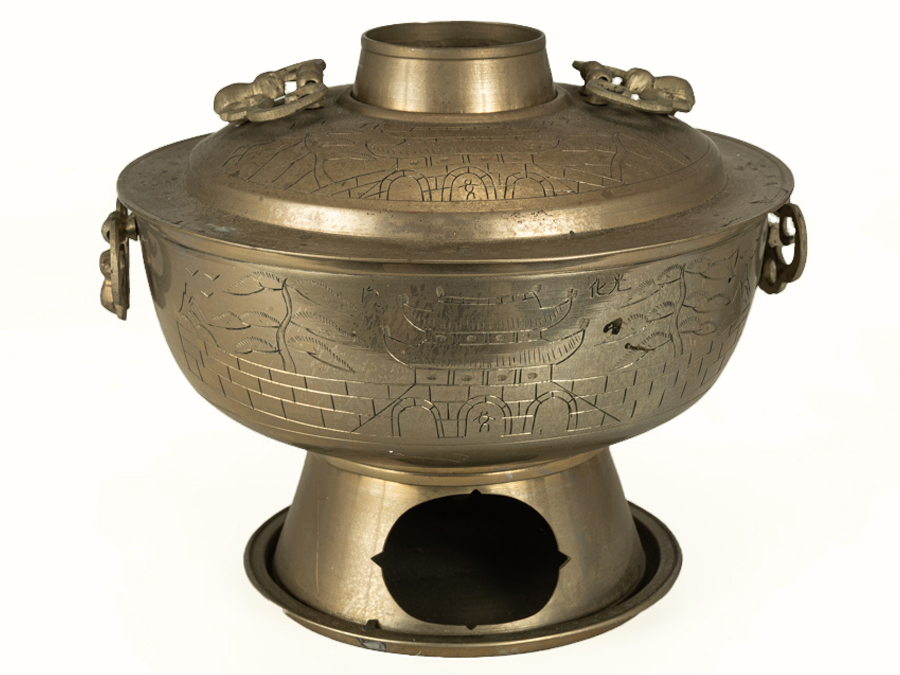 おかか　李王家美術工場造　蝙蝠手花彫金　神仙炉　宮廷料理器　V　R5820 神仙炉 M319｜骨董店 朝鮮美術 古美術 のびる 蝙蝠手 李王家美術工場造