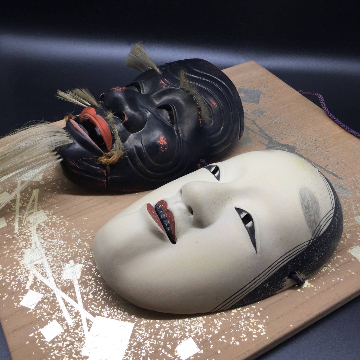 6762】日本美術 能面 お多福 翁 2点セット 木彫り 仮面 お面 骨董品 古 