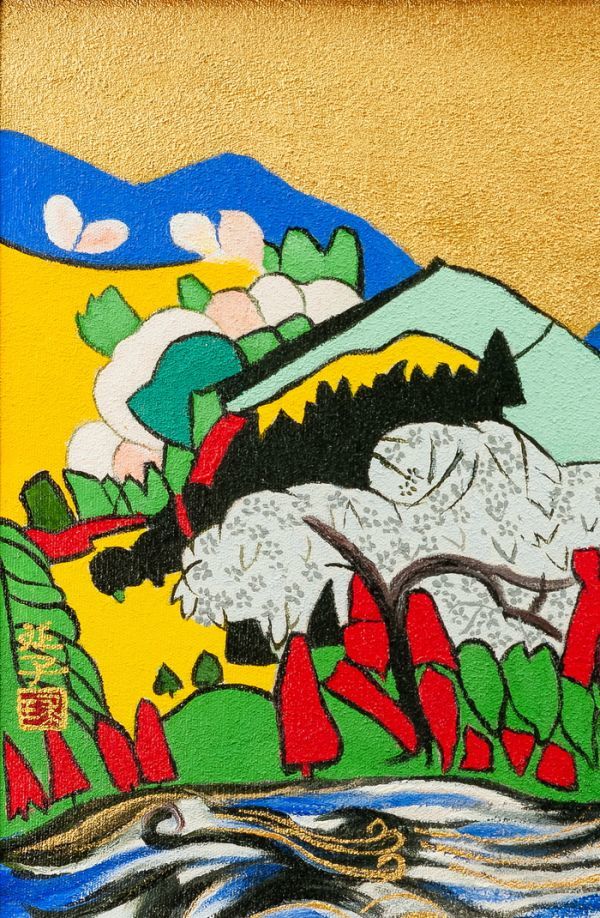 ○片岡球子○油絵に岩粉 手描き《芦ノ湖の富士》表サイン(印譜) 裏書