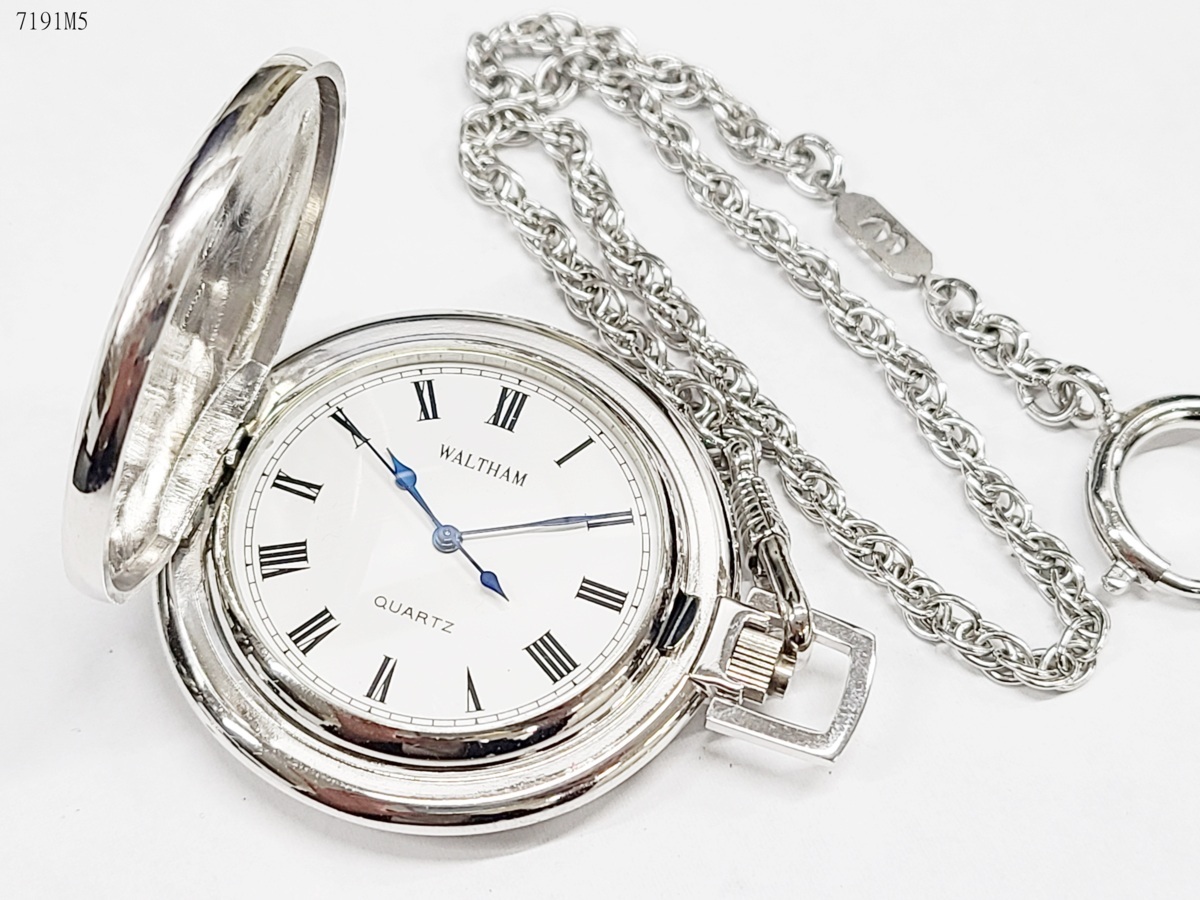 ☆稼働品◎ WALTHAM ウォルサム 懐中時計 クォーツ シルバー チェーン  