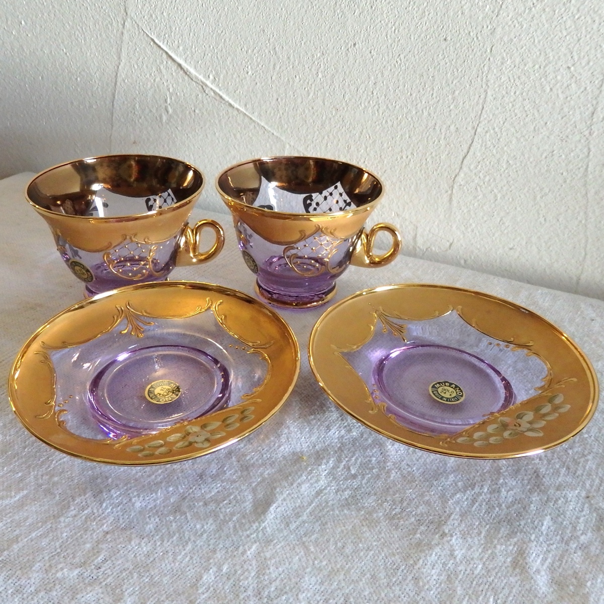 MURANO ムラノ 金彩 グリーン リボン ホワイト レース カップ