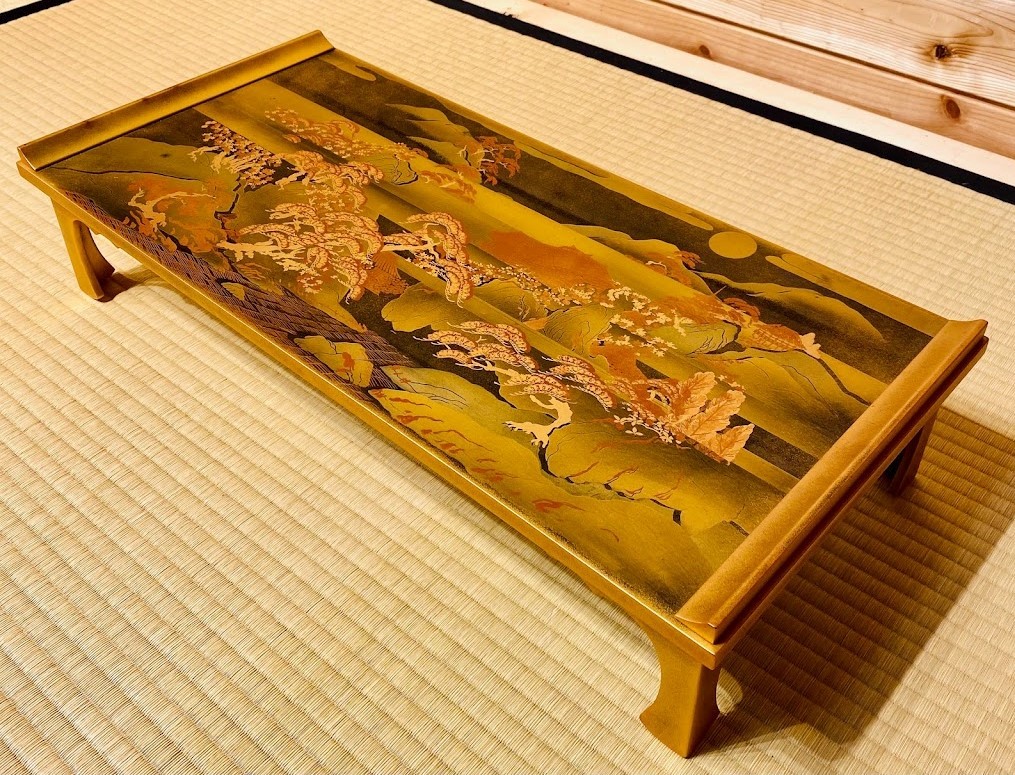 茶道具『漆塗松山月蒔絵文台（64×30㎝）』詩歌 鷲足 文机 経台 花台