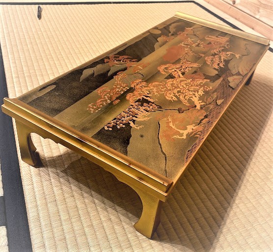 茶道具『漆塗松山月蒔絵文台（64×30㎝）』詩歌 鷲足 文机 経台 花台